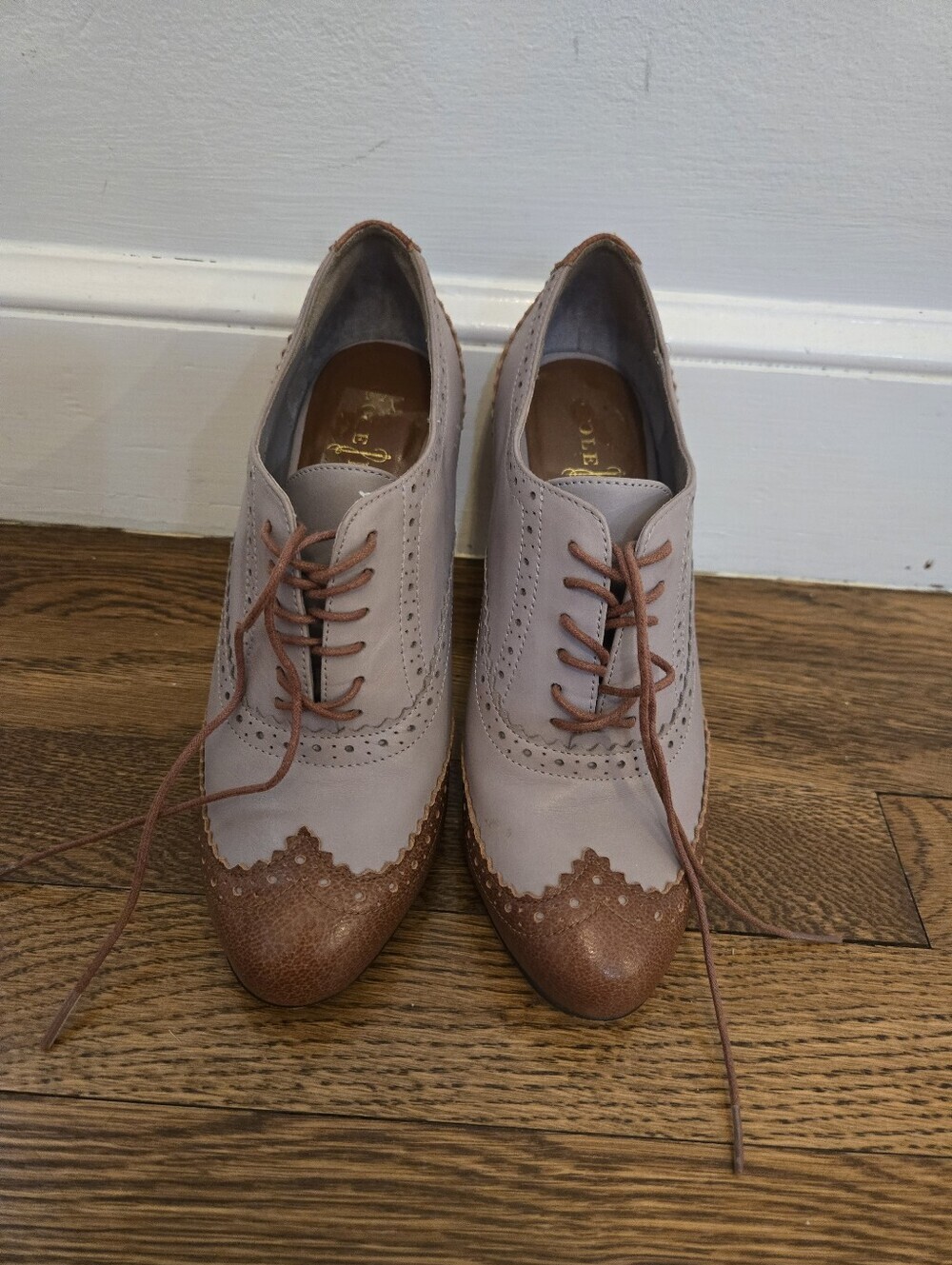 Cole Haan Lucinda Leather Wingtip Air Oxford Heeled Shoes 5B Taupe Brown Lace Up - Picture 2 of 11